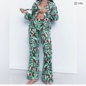 ZARA Cotton Printed Green Cream Brown Pants and Top Set Size XS/24 4479/243/700